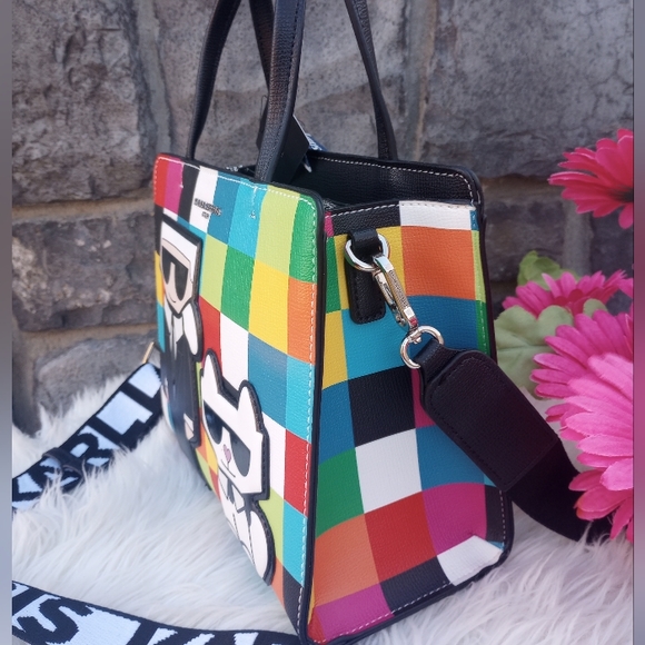 LAST ONE🔥 Karl Lagerfeld Multicolored Rainbow Checkered Maybelle Satchel - Picture 6 of 15